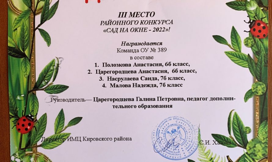 Диплом районного конкурса «Сад на окне — 2022»